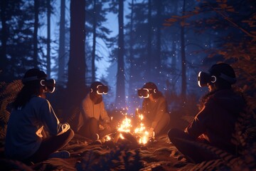 A group of individuals is immersed in a virtual reality experience, seated around a warm campfire in a forest at twilight.