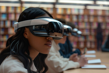 A group of young individuals is engaged in a virtual reality session inside a contemporary library. 