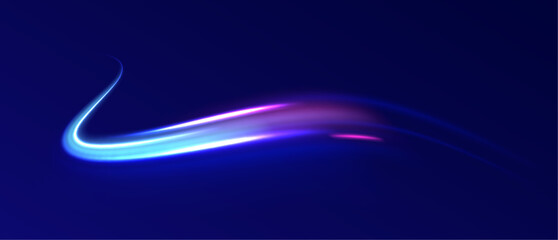 Expressway, the effect of car headlights. Low-poly construction of fine lines. Blue background. Futuristic digital floor technology perspective background.	