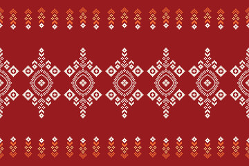 Traditional ethnic motifs ikat geometric fabric pattern cross stitch.Ikat embroidery Ethnic oriental Pixel red background. Abstract,vector,illustration. Texture,christmas,decoration,wallpaper.