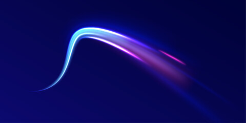 Acceleration speed motion on night road. Illustration of light ray, stripe line with blue light, speed motion background. Glitter blue wave light effect.	