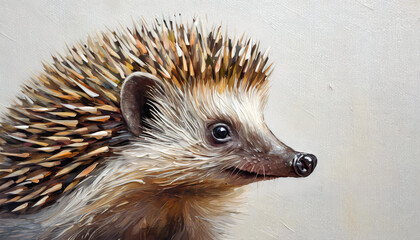 Oil painting of a hedgehog head on pure white background canvas, copyspace on a side