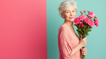 senior lady clad in a cozy sweater, the individual tenderly holds a bouquet of fresh, colorful flowers, conveying warmth and nurturing
