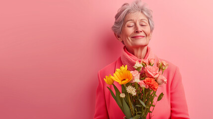 graceful elderly lady holds a bouquet, radiating elegance and timeless beauty