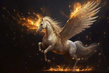 Fairytale Pegasus with burning wings - obrazy, fototapety, plakaty