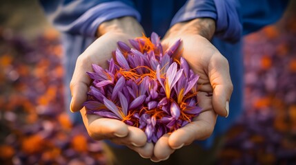 Hands Holding Saffron Flowers. Kashmir famous saffron, the worlds most expensive spice. Authentic,...