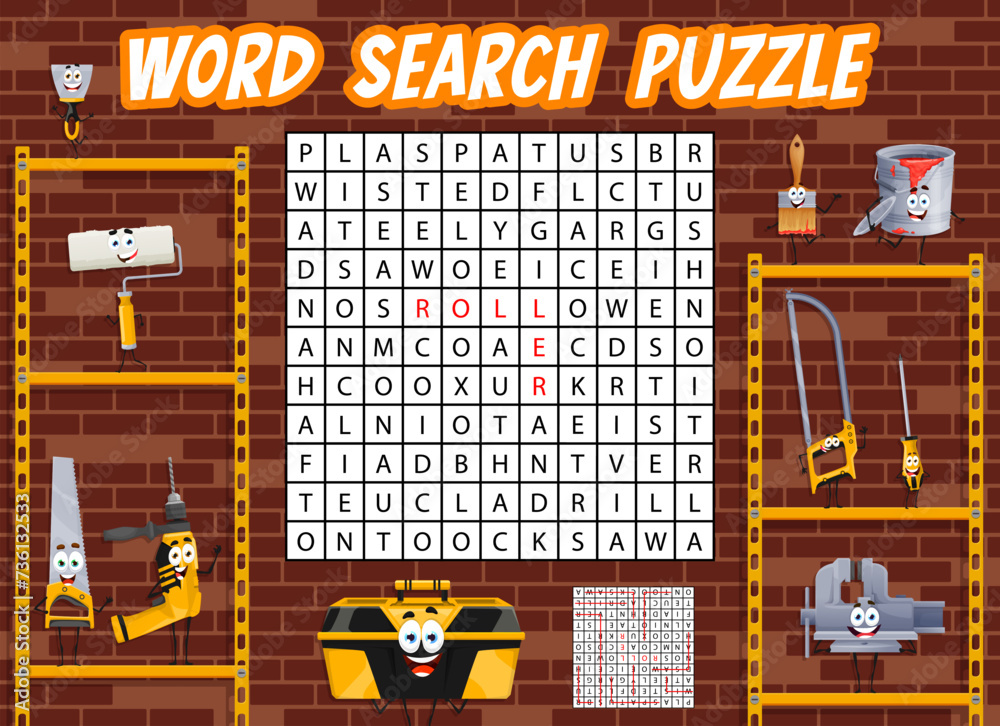 Poster Word search puzzle game to find cartoon DIY and repair tool characters, vector quiz worksheet. Guess and find word in cross grid, carpentry screwdriver and woodworking drill with handsaw for kids game