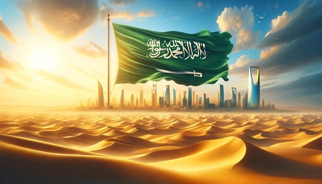 Illustration for saudi arabia founding day with desert landscape and big waving flag in city .