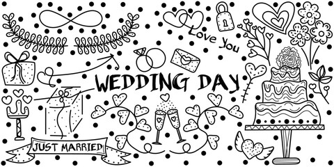 Doodle set Wedding Day with text Love you, Just married. Editable stroke. Monochrome vector hand drawn illustration done in black and white colors. Isolated on white background