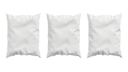 three simple rectangular white bed pillows, isolated on transparent background