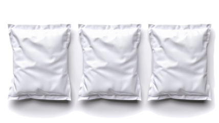 three simple rectangular white bed pillows, isolated on transparent background