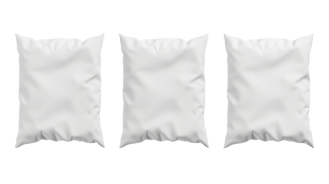 three simple rectangular white bed pillows, isolated on transparent background