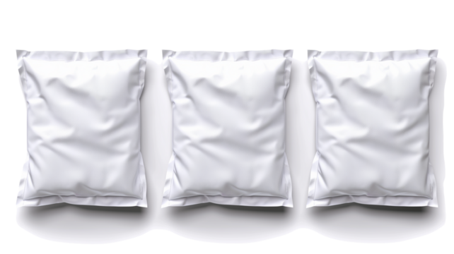 three simple rectangular white bed pillows, isolated on transparent background