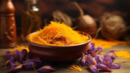 Gordijnen Saffron Autumn Crocus violet Flowers in Yellow Bowl. Harvest Saffron Flowers and Make most expensive Saffron Spice © Ziyan
