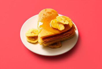 Plate with tasty pancakes in shape of heart, dried banana and honey on red background. Valentine's Day celebration