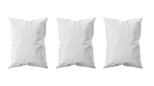 three simple rectangular white bed pillows, isolated on transparent background