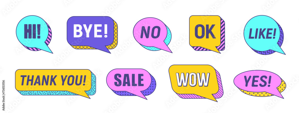 Poster Memphis speech bubbles isolated vector set. Vibrant dialog elements or clouds featuring bold colors, thick outlines and dynamic visual typography hi, bye, no, ok and like, thank you, sale, wow and yes