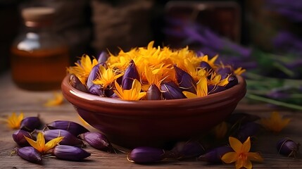 Saffron Autumn Crocus violet Flowers in Yellow Bowl. Harvest Saffron Flowers and Make most...
