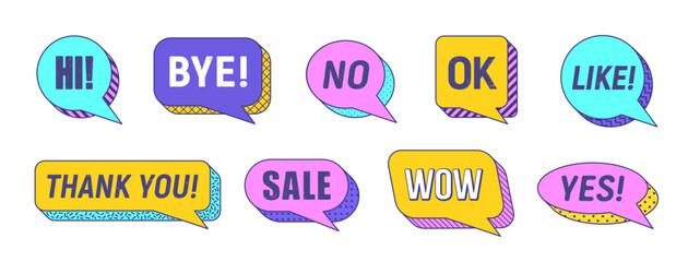 Memphis speech bubbles isolated vector set. Vibrant dialog elements or clouds featuring bold colors, thick outlines and dynamic visual typography hi, bye, no, ok and like, thank you, sale, wow and yes - obrazy, fototapety, plakaty