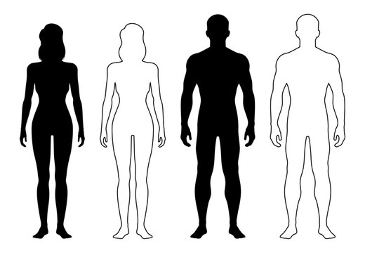 Man and woman outline figure, human body silhouette, patient front view contour. Isolated vector monochrome male and female person standing full height. Expressive lines form harmonious representation