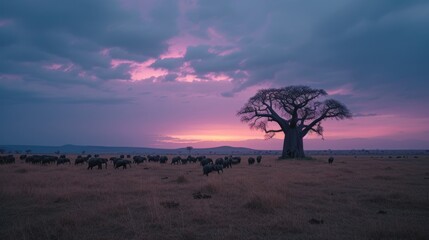 Serene sunset over savannah with solitary tree and grazing animals