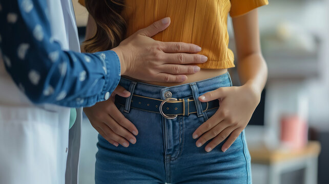 doctor palpating girls abdomen touching