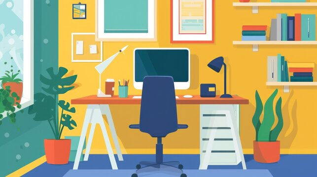 Flat style illustration of cozy home office with modern desk, indoor plants, and wall art