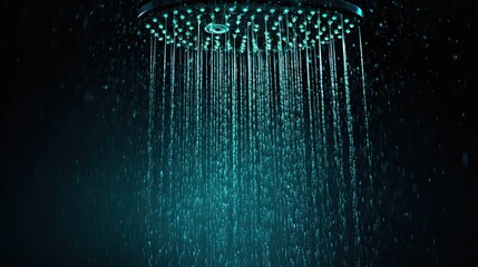 black shower background, turquoise glow. Blurred water drops. Professional photography