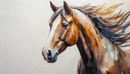 Oil painting of a horse head on pure white background canvas, copyspace