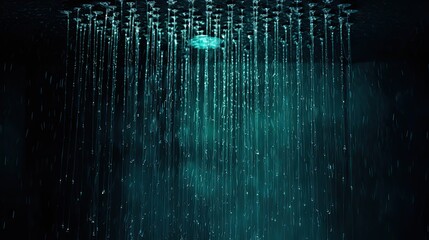 black shower background, turquoise glow. Blurred water drops. Professional photography - obrazy, fototapety, plakaty