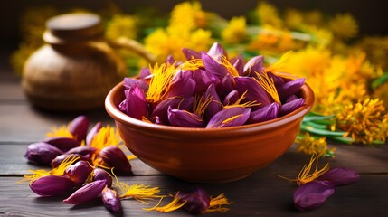 Saffron Autumn Crocus violet Flowers in Yellow Bowl. Harvest Saffron Flowers and Make most...