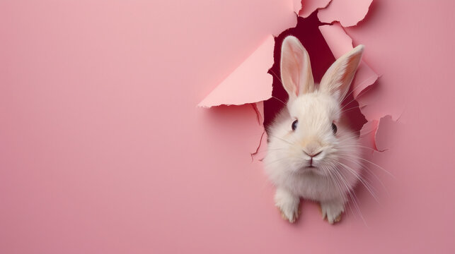 lapin de p&acirc;ques sortant d'un trou dans un mur.