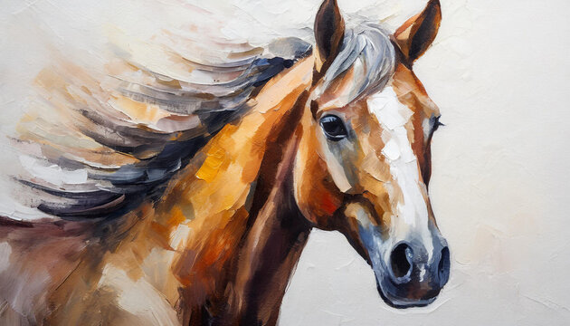 Oil painting of a horse head on pure white background canvas, copyspace
