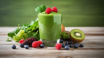 Vegetables and fruits for smoothies lie beautifully on a light wooden table, a glass with a green smoothie, with sun glare and light, top view