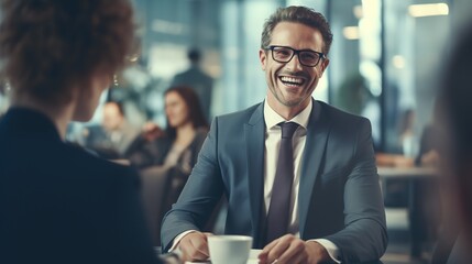 Happy business woman talking to her colleague in a meeting. copy space for text.