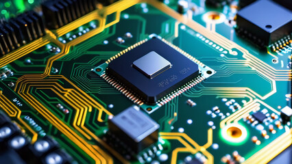 Fototapeta premium The central processor on the circuit board manages complex electronic pathways and functions.