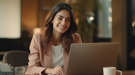 Happy confident businesswoman video calling on laptop, working from home. Smiling female business. copy space for text.