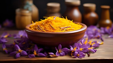 Saffron Autumn Crocus violet Flowers in Yellow Bowl. Harvest Saffron Flowers and Make most expensive Saffron Spice - obrazy, fototapety, plakaty