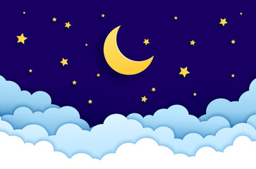 Paper cut crescent moon night sky, stars and clouds 3d vector background casting a celestial charm. Midnight serene cosmic scene with gentle glow twinkles upon a canvas of twinkles, wisps of cumulus