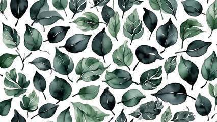 Watercolor dark green leaves on white background, seamless pattern. generated by AI