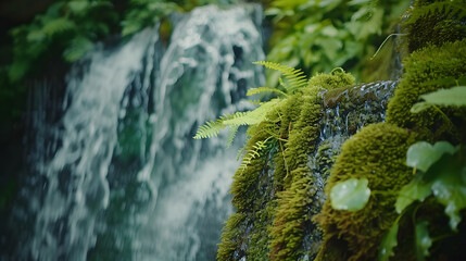 Enchanting Flora Macro: Close-Up Shot Revealing Intricate Details of Moss and Ferns Near Waterfall
