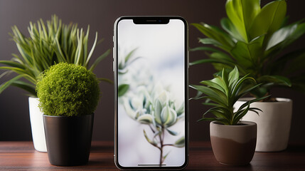 Green plants background. Mockup of smartphone screen with blurred flowers. Marketing concept. Selective focus. Copy space 