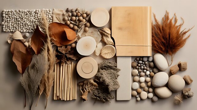 Sustainable Natural Materials and Textures Collage. variety of sustainable materials in neutral tones, including wood, dried plants, and textiles.