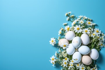 A group of eggs and flowers on blue background