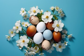Naklejka na ściany i meble A group of eggs and flowers on blue background