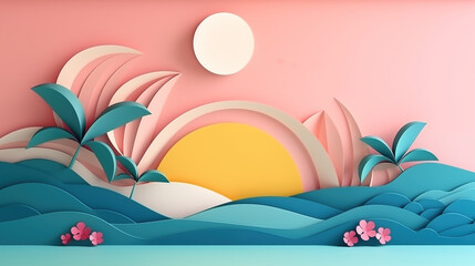 Fototapeta na wymiar paper cut style illustration of beautiful tropical nature landscape, sunset at horizon with palm tree and seascape, Generative Ai
