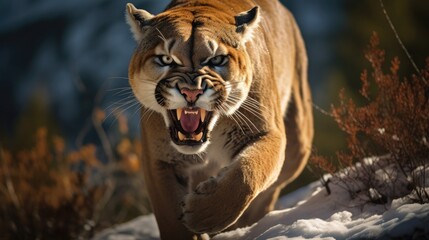 Roaring cougar or mountain lion hunts its prey