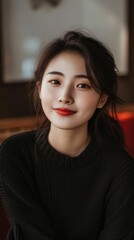 Fototapeta premium Portrait of beautiful Chinese brunette girl with a smile on her face