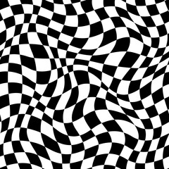 Wavy checker pattern or trippy checkerboard background with optical illusion. Vector black and white checker squares or chessboard swirl with spiral twist distortion for psychedelic hypnotic pattern
