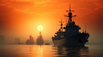 Naval Warship during Sunset in the Base. Vintage Ship on the Sea with Orange Sky Light